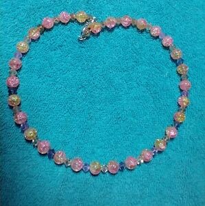 Yellow pink purple cracked glass beaded wire necklace handmade
